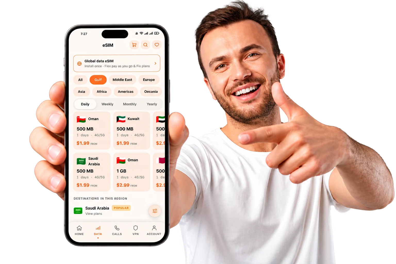 A smiling traveler holding up a phone with the Roamlu eSIM app open
